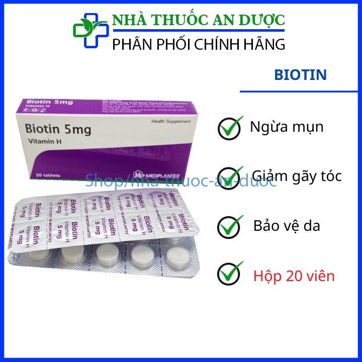 Viên uống Biotin 5mg giảm tiết bã nhờn hạn chế tóc gãy rụng – Hộp 20 viên