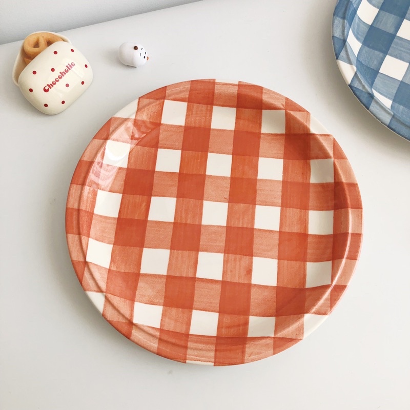 Đĩa vintage pastel kẻ caro gingham hàng Anh gốm sứ Nhật Âu dễ thương