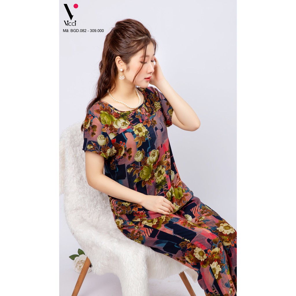 Bộ đồ mặc nhà trung niên lanh nhung Vicci áo cộc,quần dài BGDM.082