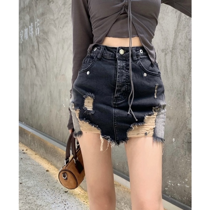 Chân váy jean lưng cao phối rách phá cách tôn dáng thời trang nữ