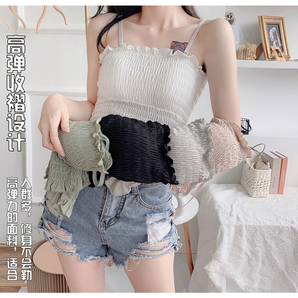 DUNEA Áo Hai Dây Vải Lụa Mát Xếp Ly Có Đệm Ngực Thời Trang Quyến Rũ Cho Nữ