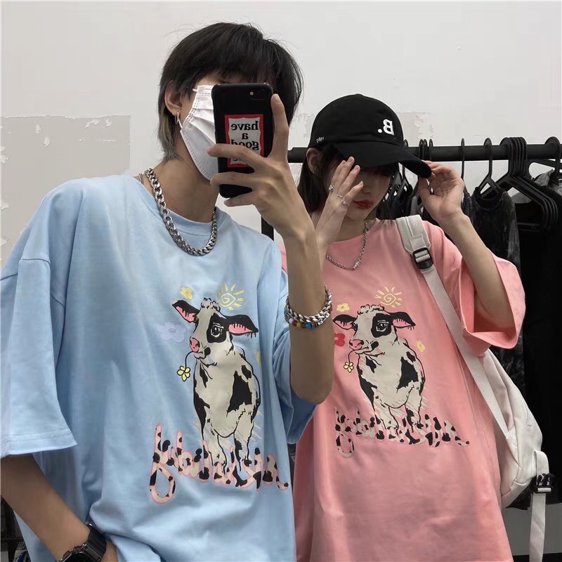 Áo thun tay lỡ dáng rộng unisex dưới 75kg - Chú bò ăn cỏ