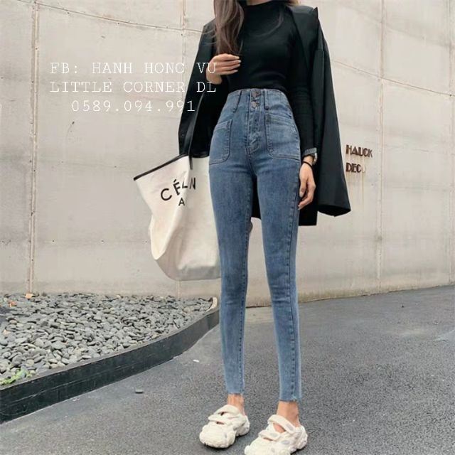 Quần jeans ôm lưng cao hai nút đôi túi trước co dãn kèm ảnh thật