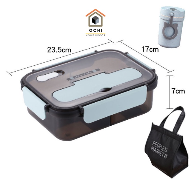 Hộp cơm văn phòng 3 ngăn kèm túi đựng và cốc đựng canh, thìa, dĩa, khay đựng cơm chia ngăn có nắp đậy