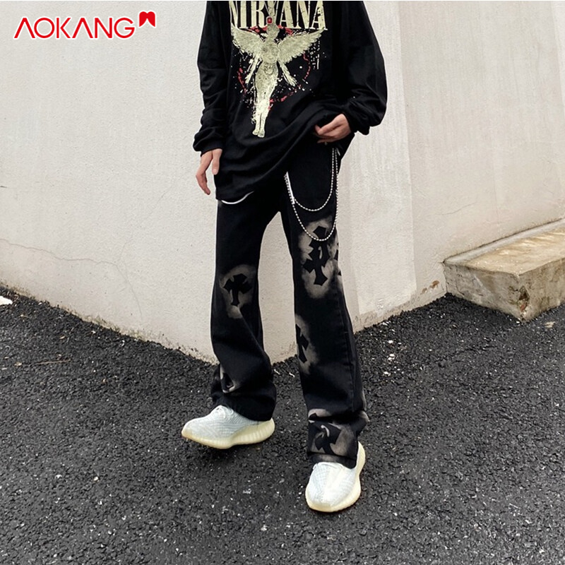 Quần jean dài AOKANG ống rộng phong cách đường phố Mỹ cá tính cho nam