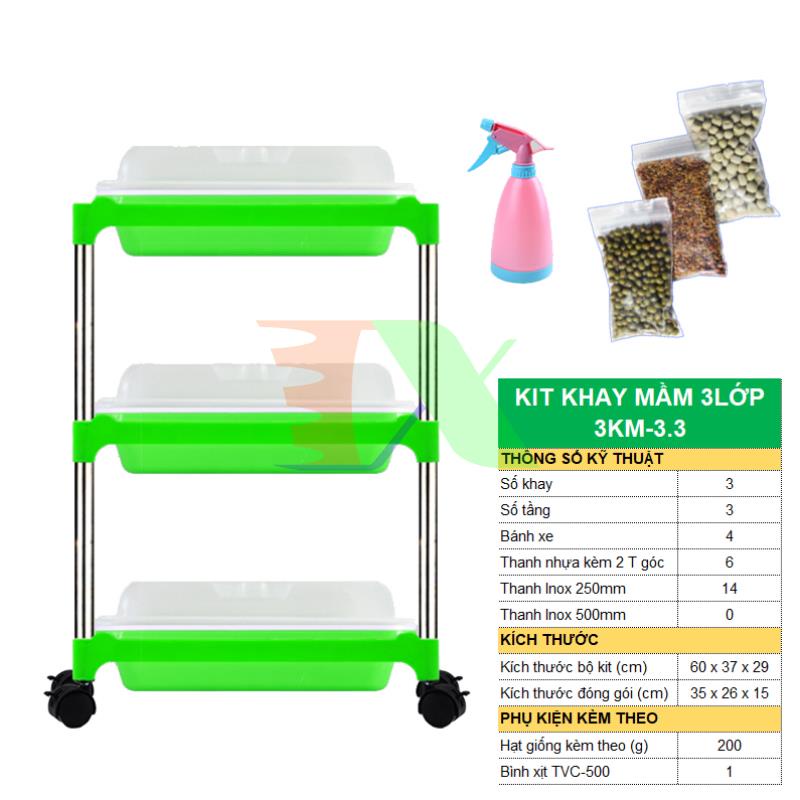 Bộ kit Khay trồng rau mầm thủy canh 3 lớp 3KM-3.3, Gồm Khay, Giá đỡ, Bình xịt, Hạt giống
