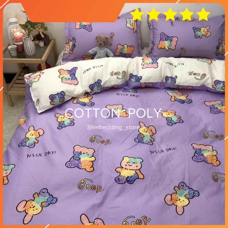 Set Chăn Ga Gấu Sắc Màu Nền Tím Cotton Poly Siêu Đáng Yêu Mềm Mát (Shinbedding_store)