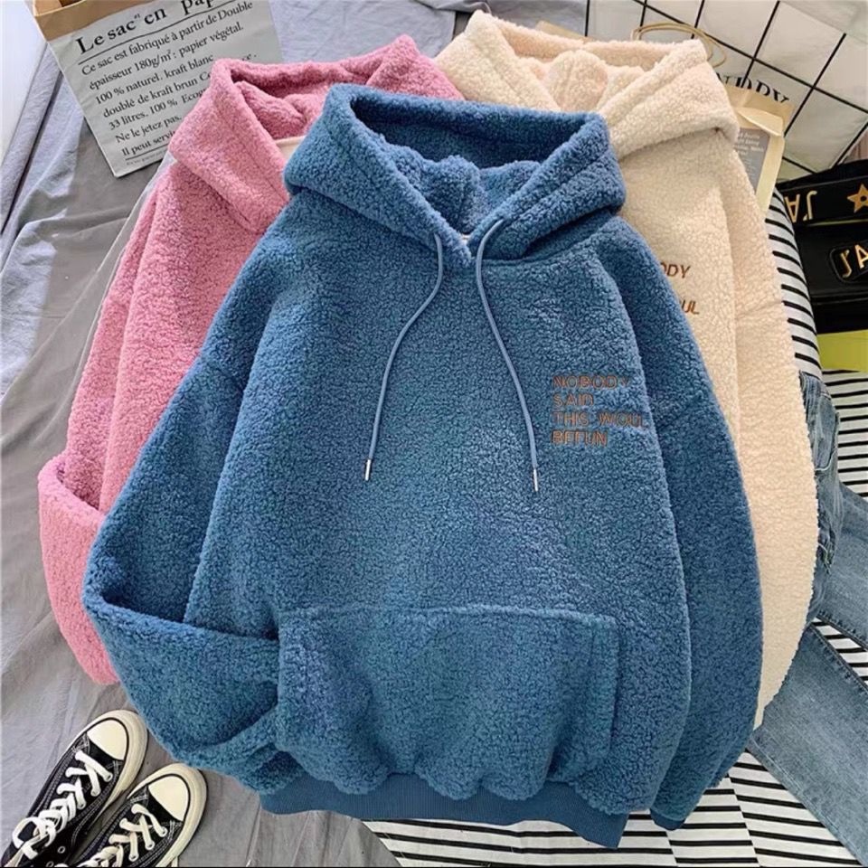 Áo hoodie RENJIANVSHENG len lông cừu dày tay dài dáng rộng thời trang Hàn Quốc trẻ trung