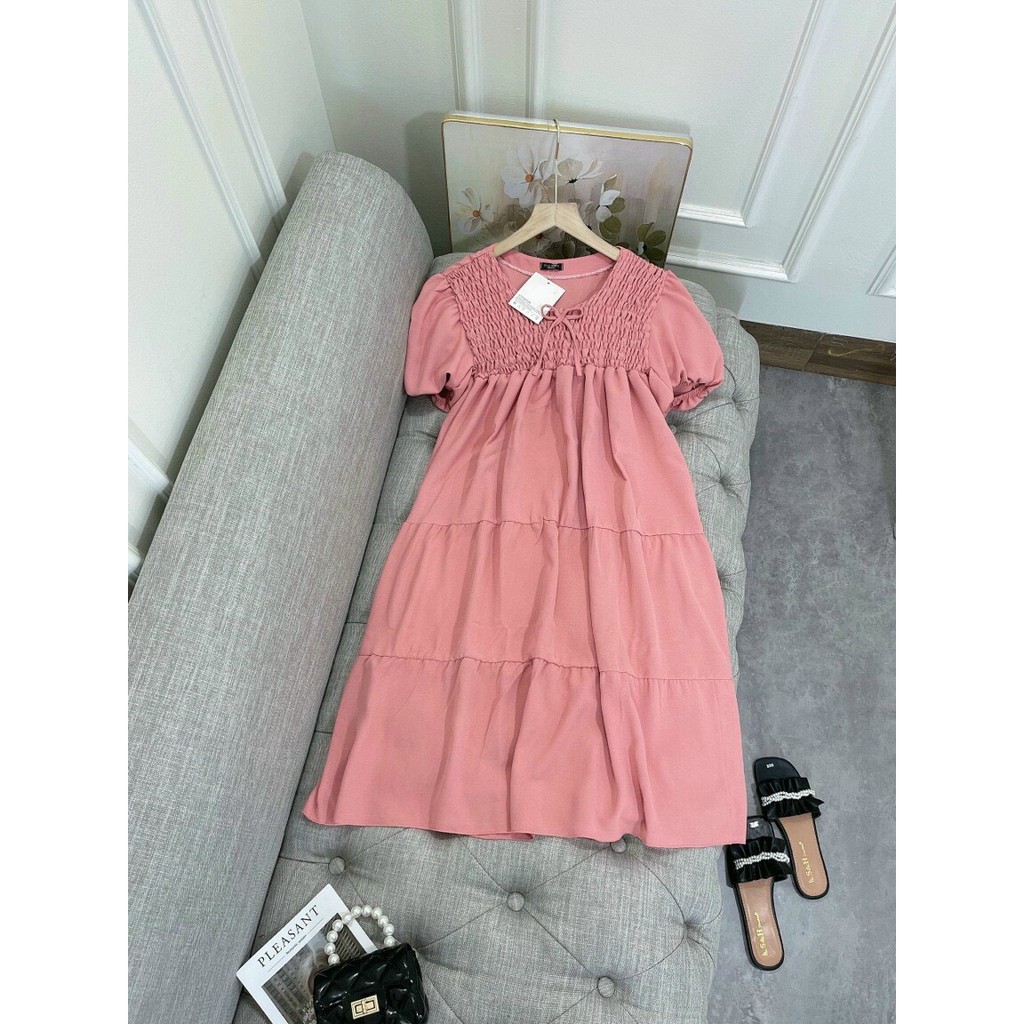 đầm kiểu ngắn baby cổ tròn nhúm cột dây ngắn tay