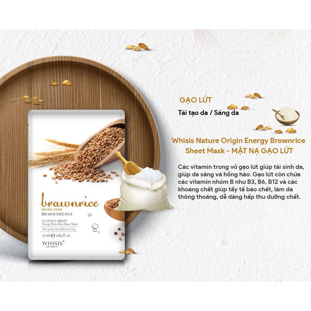 Combo 10 Mặt Nạ Gạo Lứt WHISIS Nature Origin Energy Brownrice Sheet Mask Giúp Da Sáng Và Hồng Hào 25ml/miếng