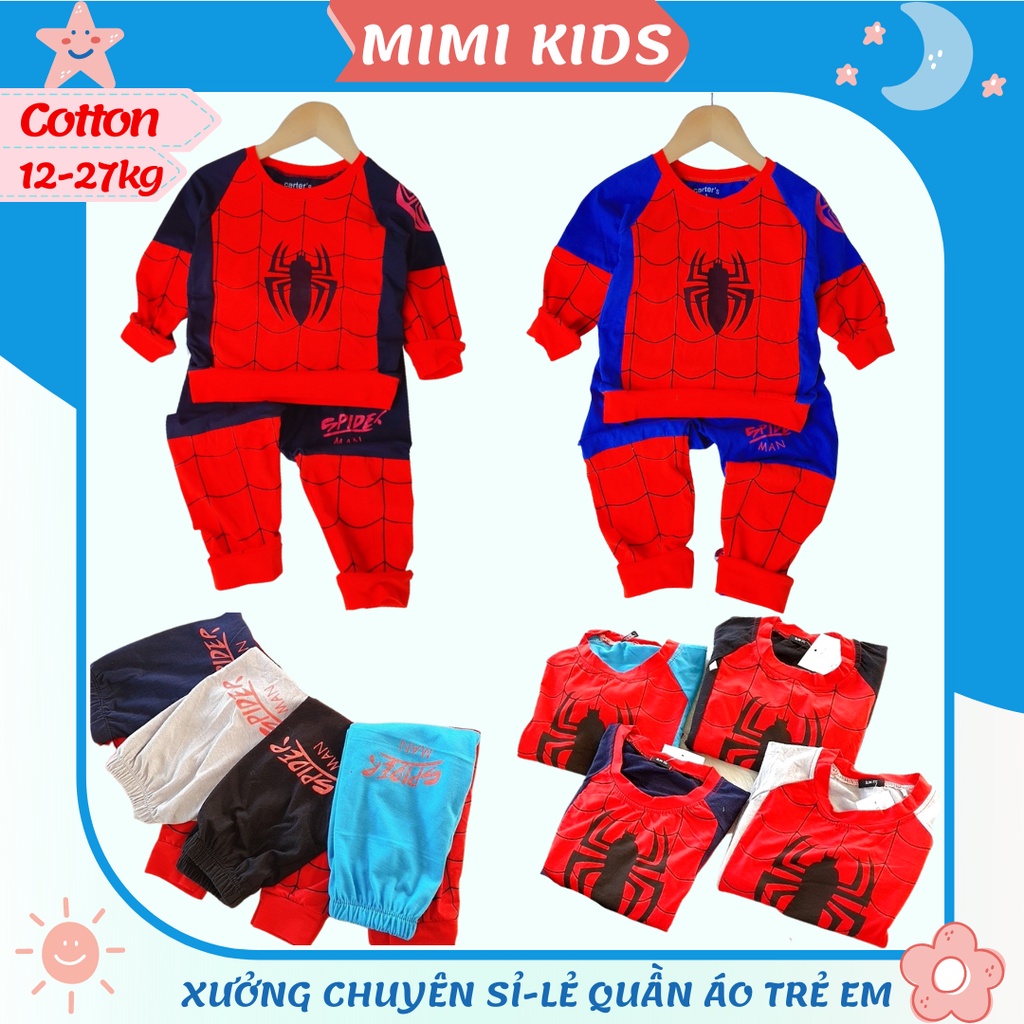 Đồ bộ bé trai, bộ quần áo thu đông dài tay chất cotton mềm mịn in hình siêu nhân nhện spiderman cho bé trai từ 12-27kg