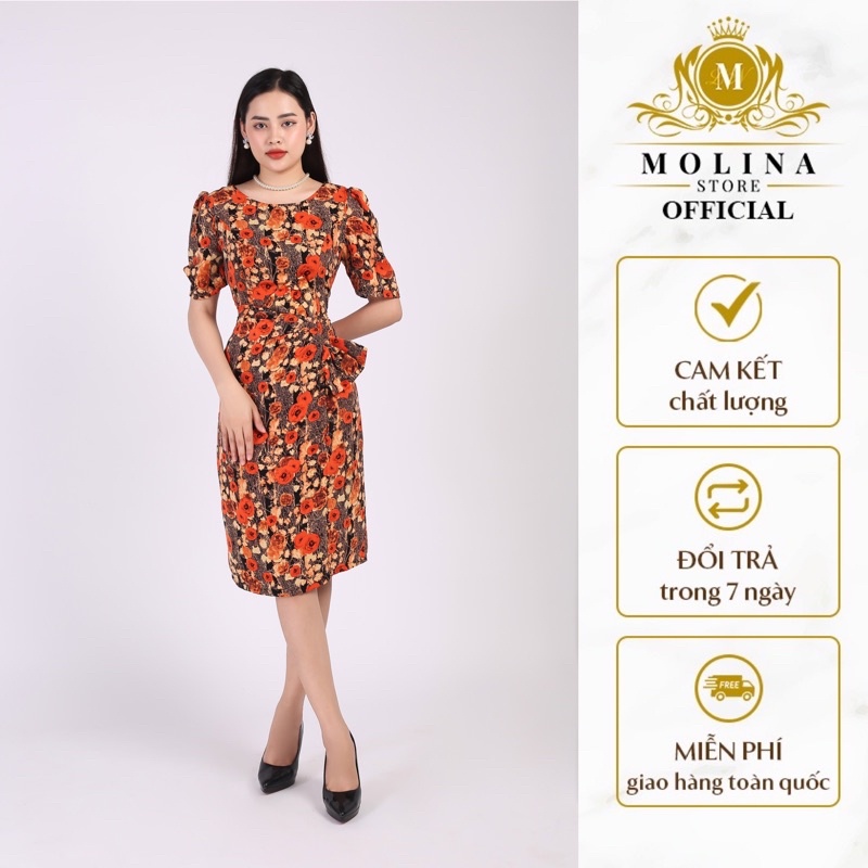 Đầm Thiết Kế Dáng Bút Chì Nữ Molina Phần Eo Thắt Nơ Chéo Hoạ Tiết Hoa, Chất Liệu Lụa Mềm Mịn