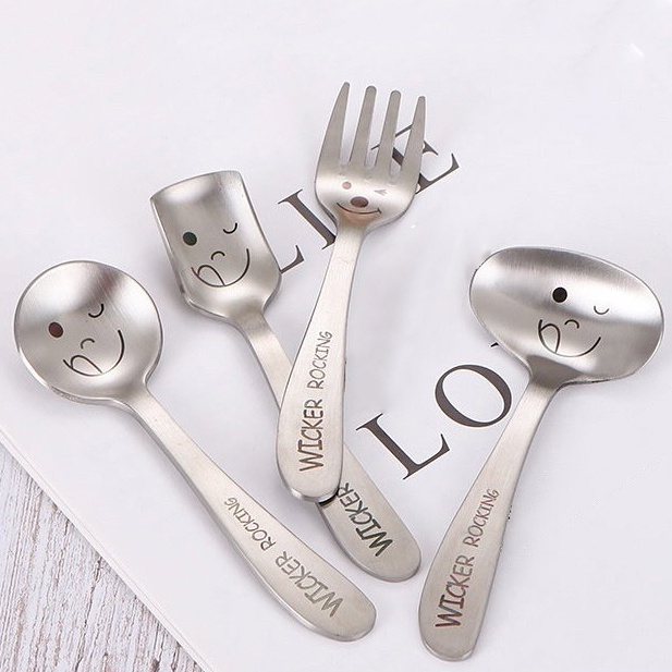 Bộ Muỗng Nĩa Bằng Thép Không Gỉ Hình Mặt Cười Dễ Thương Cho Bé