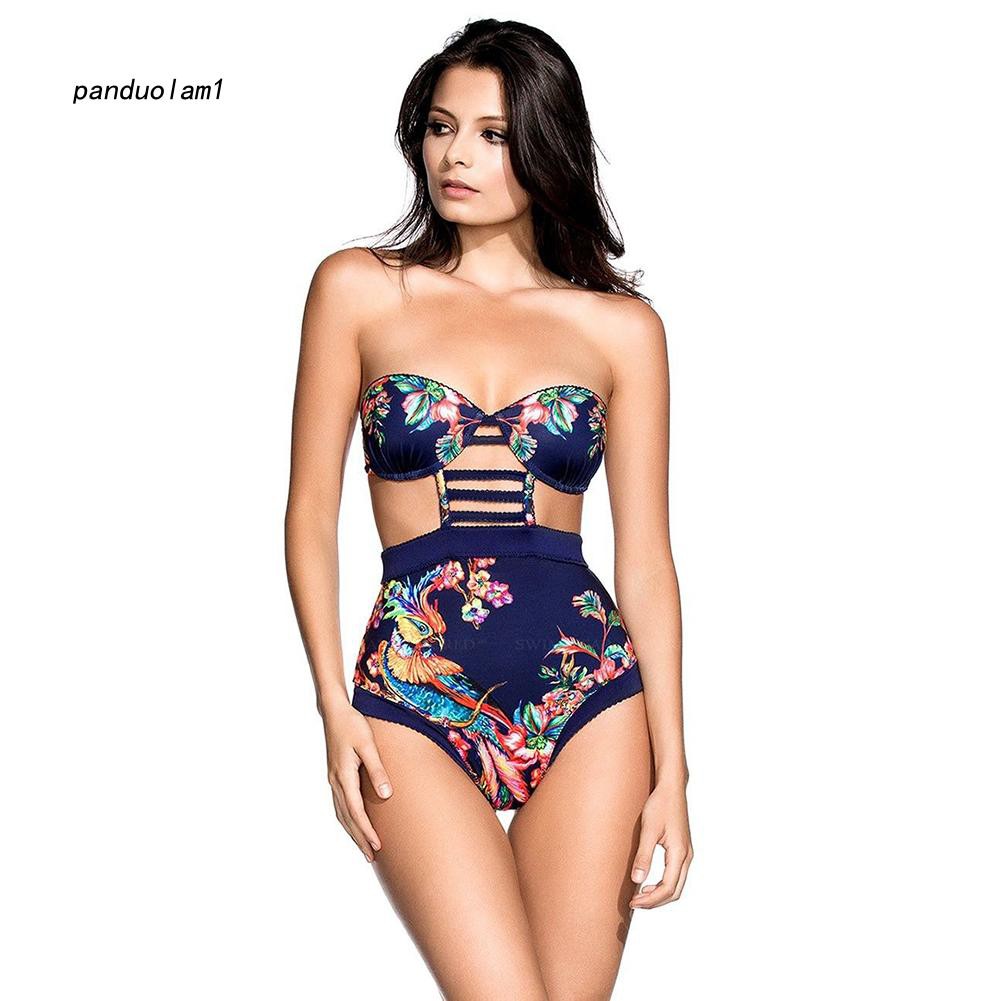 Set đồ bơi bikini 1 mảnh thiết kế không dây áo họa tiết chim hoa quyến rũ cho nữ | BigBuy360 - bigbuy360.vn
