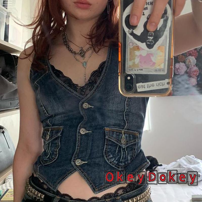 Áo Denim Không Tay Cổ Chữ V Sâu Cài Nút Ôm Dáng Phối Túi Thời Trang Cho Nữ