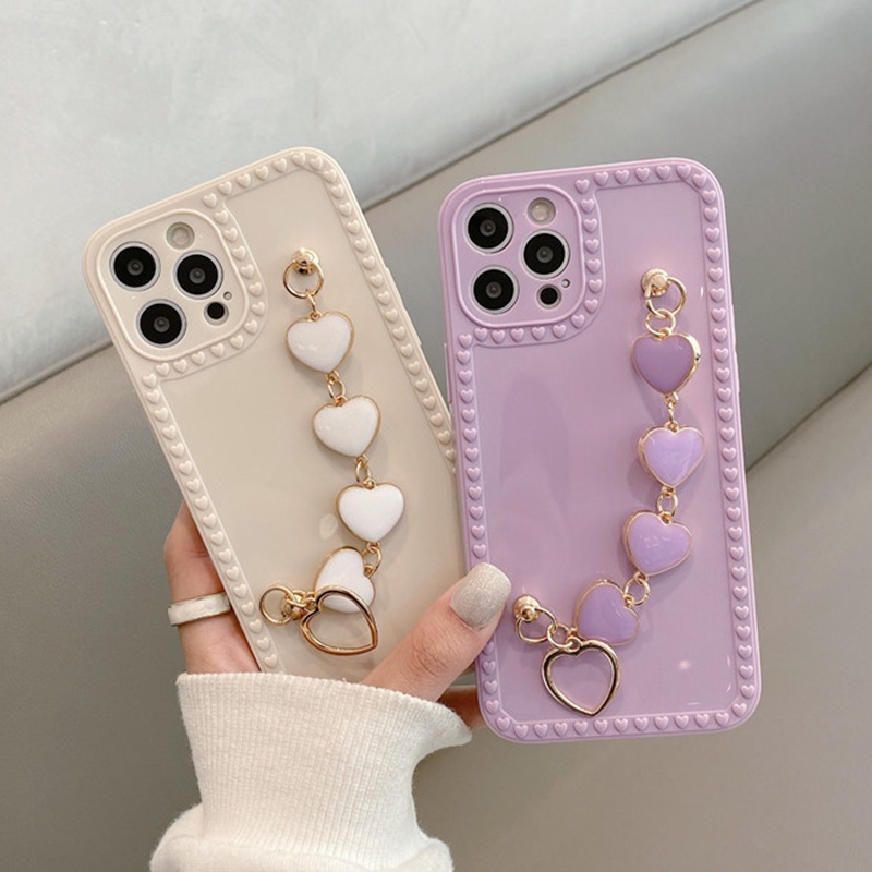Ốp điện thoại màu trơn gắn dây đeo hình trái tim thích hợp cho iPhone 12 11 Pro Max XS Max XR X 8 7 plus