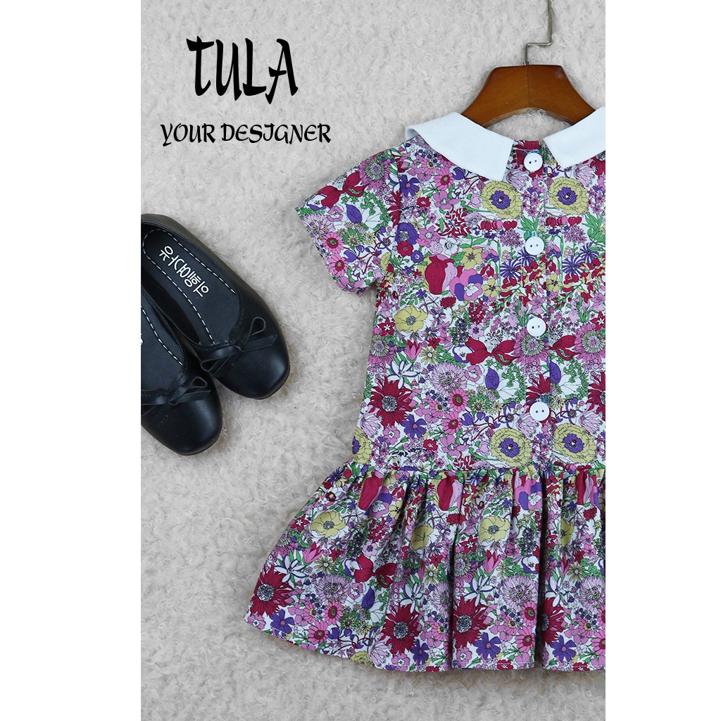 Váy Đầm Cho Bé Gái Phối Màu Họa Tiết Hoa Nhí Tím Hồng Cực Xinh Vải Thô Hàn Quốc