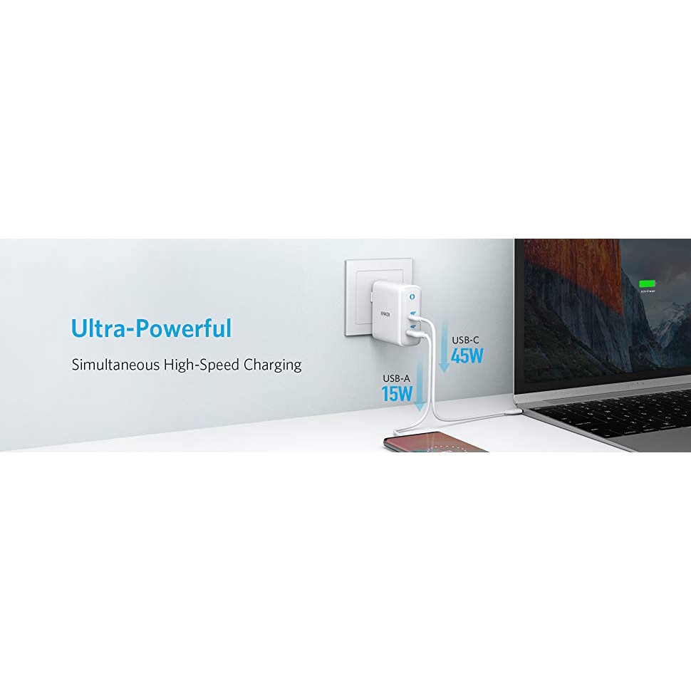 Sạc ANKER 2 cổng PowerPort Atom III 60w PIQ 3.0&amp;GaN - A2322 Đen Bảo hành 1 đổi 1 24 tháng, quà tặng cáp ngắn