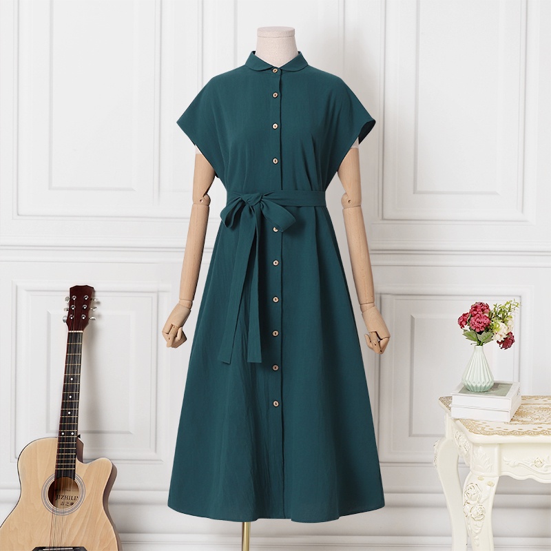 Đầm midi Zanzea tay ngắn cổ bẻ phối thắt lưng thời trang thanh lịch tùy chọn màu sắc dành cho nữ