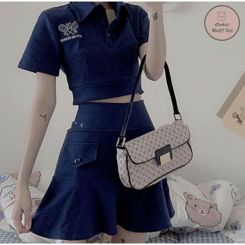Set Áo Polo Kèm Chân Váy Tennis Màu Xanh Kiểu Dáng Thời Trang Freesize Kèm Ảnh/Video Thật