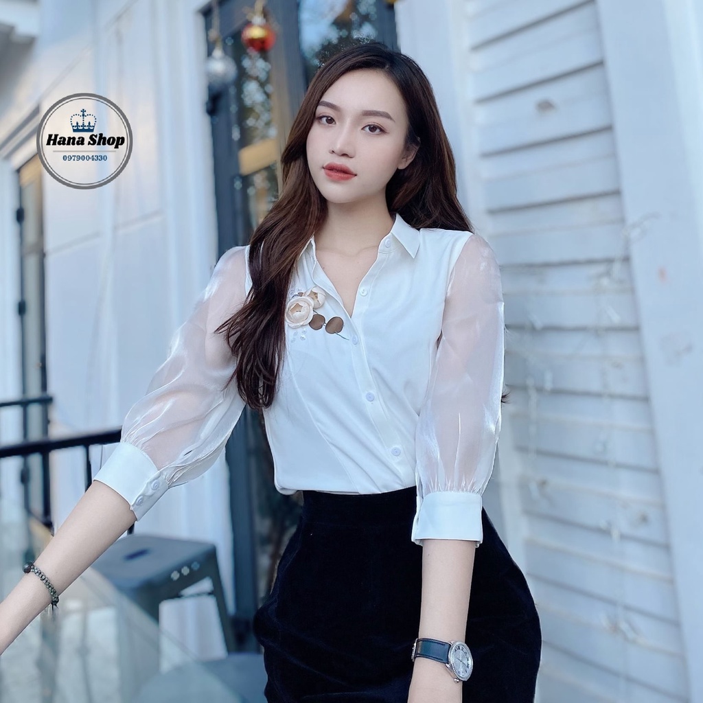 Áo sơ mi trắng phối tay voan tơ