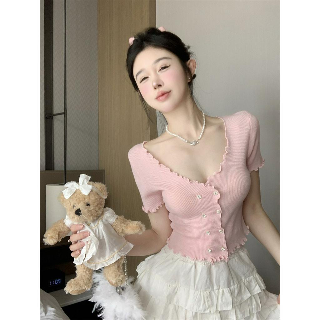 ZHELIHANGFEI Áo Dệt Kim Tay Ngắn Cổ Chữ V Vải Lụa Mát Thời Trang Quyến Rũ Cho Nữ