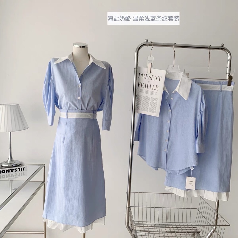 Set áo sơ mi ngắn tay chân váy midi phối bèo