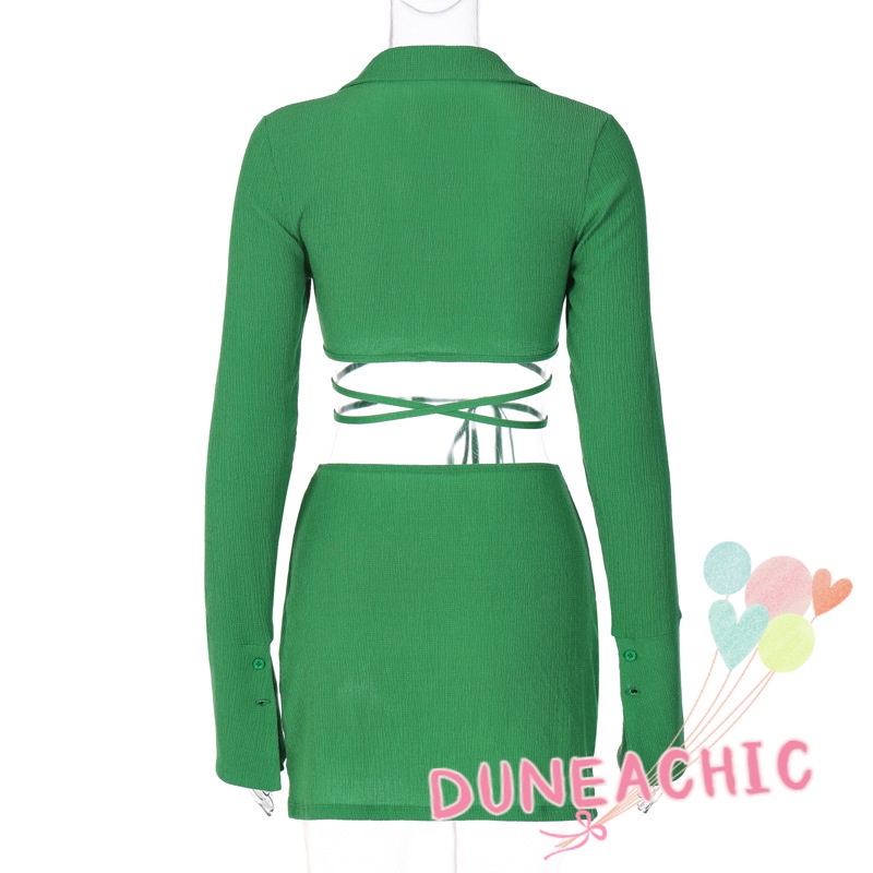 DUNEA Set Áo Thun Lửng Tay Dài 2 Dây + Chân Váy Xẻ Tà Quyến Rũ Trẻ Trung Cho Bạn Gái