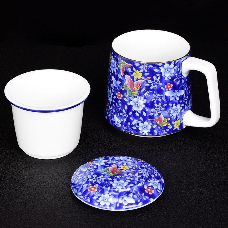 Men gốm sứ Trắng Trung Quốc Cốc cà phê có nắp lọc Teacup Flower Mỹ Bộ nước trà