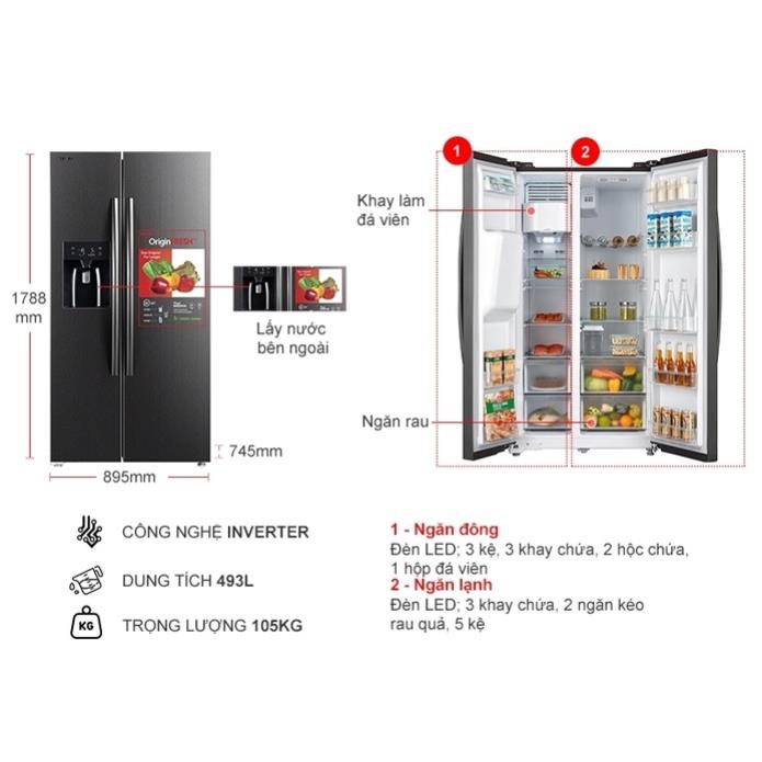 Tủ Lạnh Toshiba Side By Side Inverter 493 Lít GR-RS637WE-PMV-MG 2 Cánh  - Mới 100%
