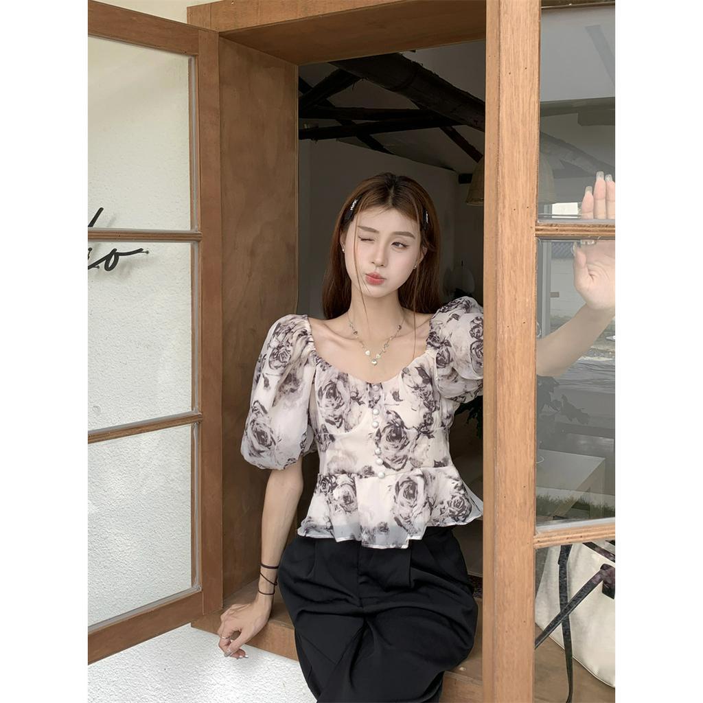 Áo Sơ Mi Tay Phồng Cổ Vuông Xinh Xắn Theo Phong Cách Retro  tao bao