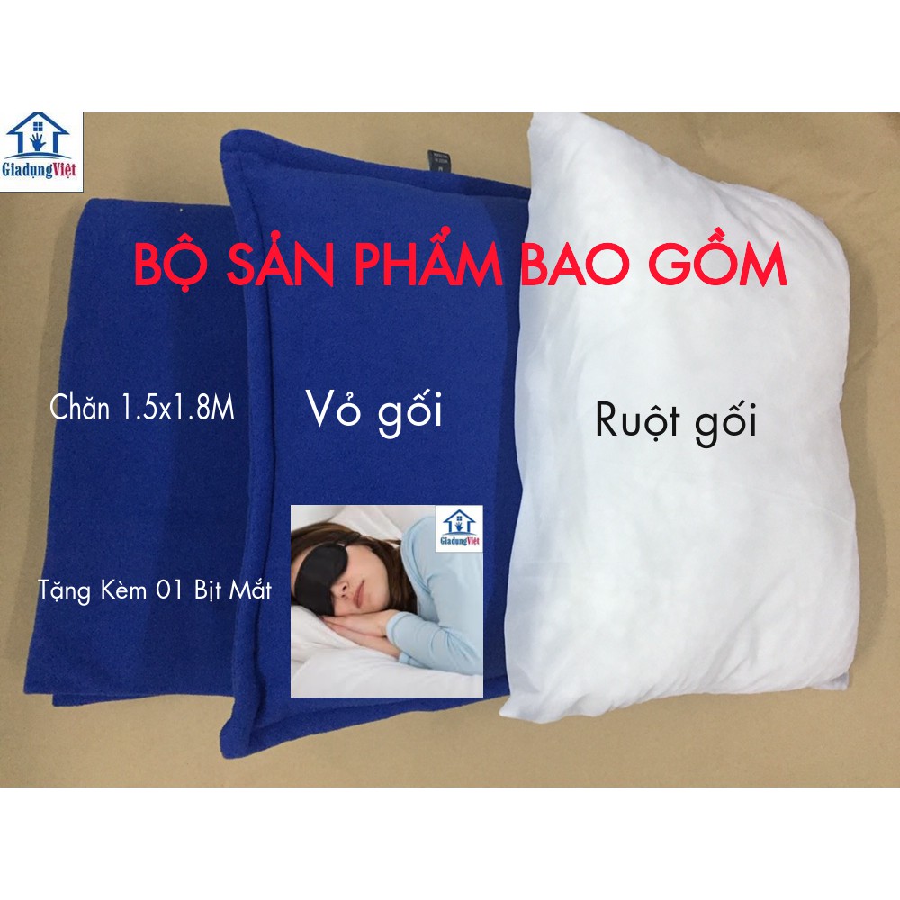 Bộ Chăn Gối Nỉ Văn Phòng Size Lớn - Tặng kèm 01 Bịt mắt