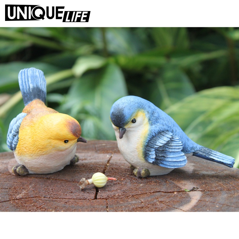 Set 2 Mô Hình Chim Bằng Nhựa Resin Màu Xanh Dương & Cam Vẽ Tay Yoyoyo01