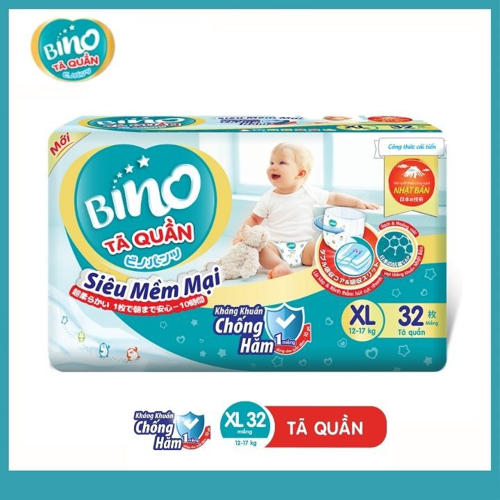 [Mã BMBAU50 giảm 7% đơn 99K] Tã quần Bino XL32 công nghệ Nhật Bản kháng khuẩn (Cho bé từ 12-17kg)