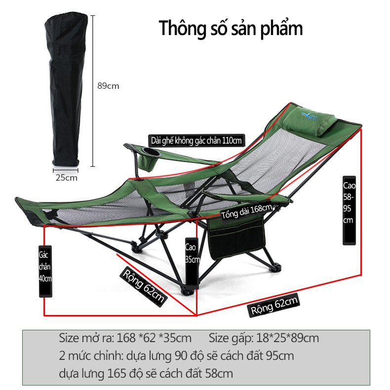 Ghế xếp câu cá ngoài trời ngồi nằm di động có thể gấp du lịch tiện lợi dùng ở nhiều nơi nhỏ gọn dễ xách theo người