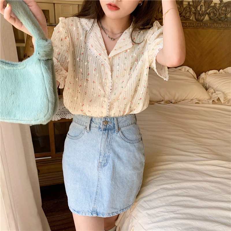 Áo sơ mi phối ren hoa ngắn tay phong cách ngọt ngào mới 43916 | BigBuy360 - bigbuy360.vn