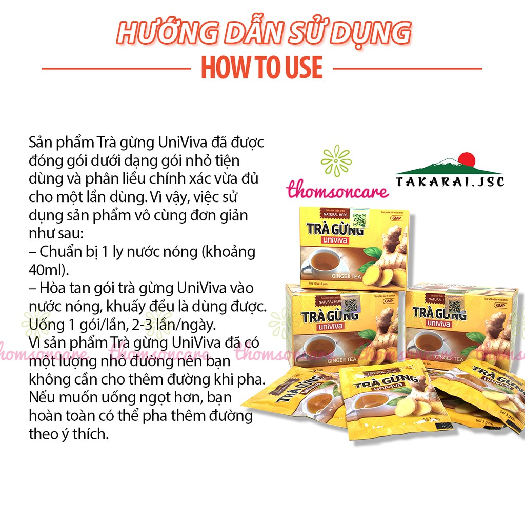 Trà gừng hòa tan Univiva Hộp 10 túi từ bột gừng già khô, làm ấm cơ thể, nâng huyết áp, giảm cảm lạnh