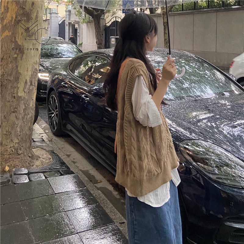 Áo gile len vặn thừng màu nâu tây phong cách retro thanh lịch cho mùa thu