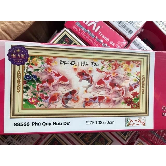 Tranh gắn đá phú quý hữu dư khổ 120x60cm cá chép hoa mẫu đơn