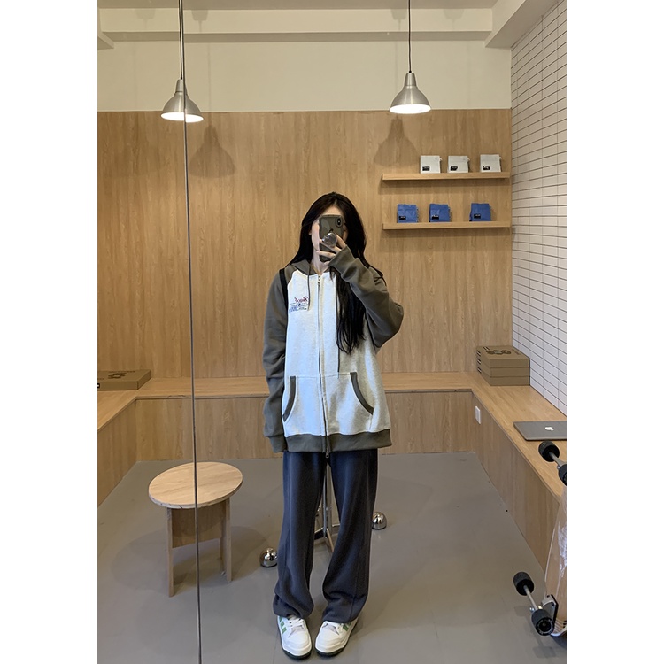 Áo khoác tay dài có khóa kéo in họa tiết phong cách Mỹ thời trang xinh xắn cho nữ