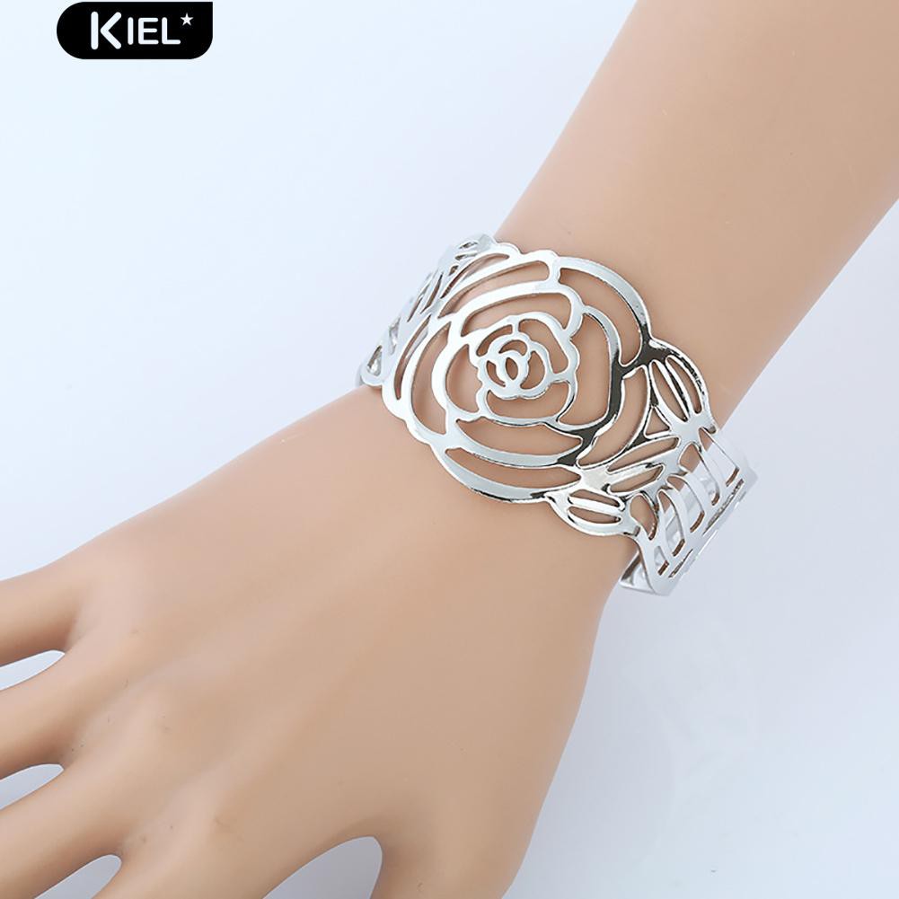 Vòng đeo tay kim loại thiết kế mở họa tiết hoa hồng thời trang cho nữ