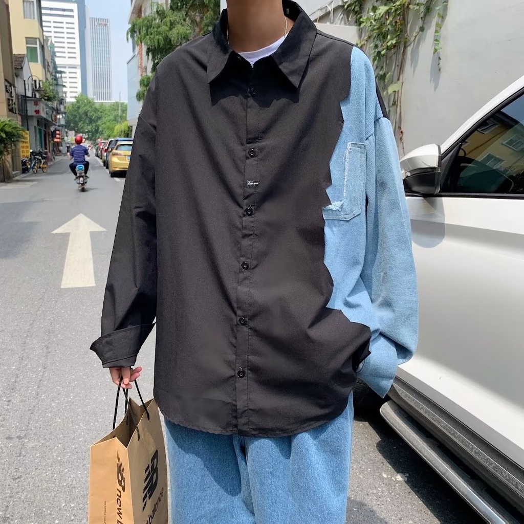 ✦ AFFLIGA ✦Áo Sơ Mi Denim Dáng Rộng Giả Hai Lớp Phong Cách Nhật Hàn Thời Trang Mùa Thu Cho Nam