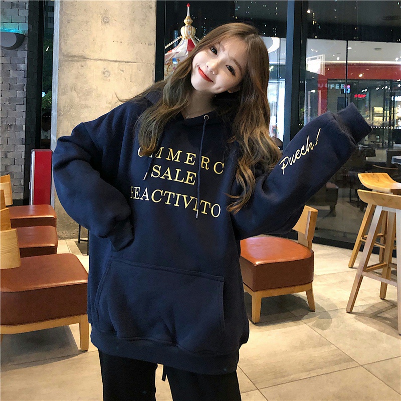 Áo hoodie SUXI dáng rộng thêu họa tiết chữ cái phong cách Hàn Quốc retro thời trang mới dành cho nữ