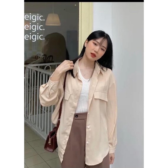 Áo sơ mi nữ form rộng vải lụa không nhăn túi ngực oversize nhiều màu bigsize (TTA119)