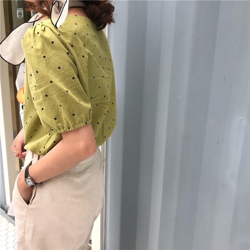 SUXI Áo sơ mi chấm bi ngắn tay phong cách Hàn Quốc thanh lịch dành cho nữ