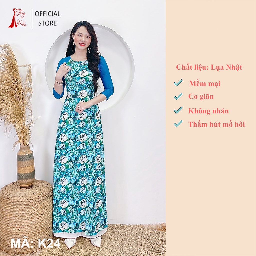 Áo dài nữ truyền thống thiết kế may sẵn tết cách tân nữ xanh cổ vịt K24 Thúy Kiều mềm mại co giãn áo dài giá rẻ