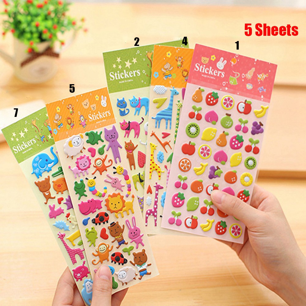 Bộ 1/2/3/5 hình dán nổi 3D hình trái cây/động vật chống thấm nước cho bé