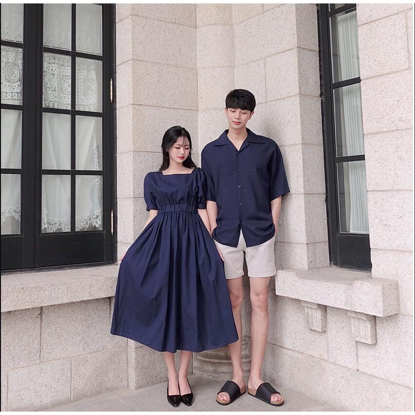 Áo váy sơ mi xanh đen form unisex rộng,, Áo đôi hot nhất năm nay cho các cặp đôi
