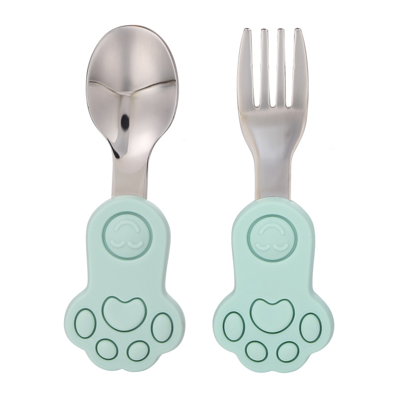 Set 2 Muỗng Nĩa Silicone 304 Tay Cầm Ngắn Bằng Inox 304 Tập Ăn Cho Bé