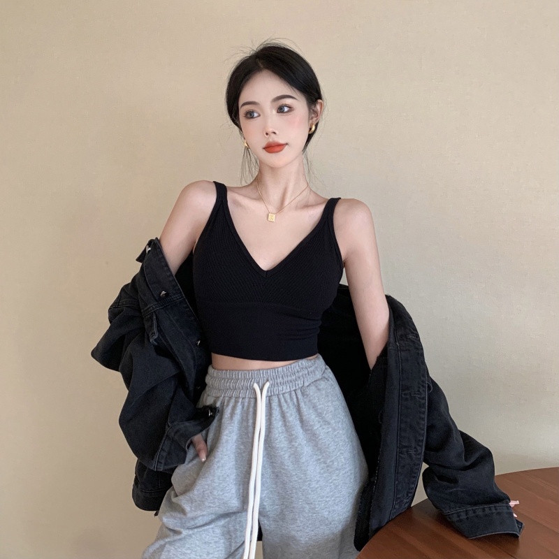 Crop Top Nữ Không Tay Cổ Chữ V Gợi Cảm Với Áo Ngực Gân Liền Mạch